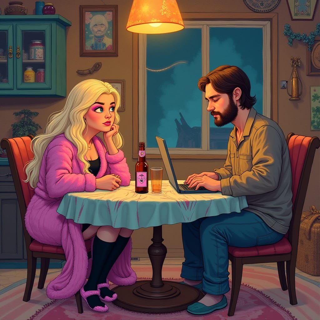 Vibrant Bohemian Scene of Curvy Woman and Man in Cozy Dining...