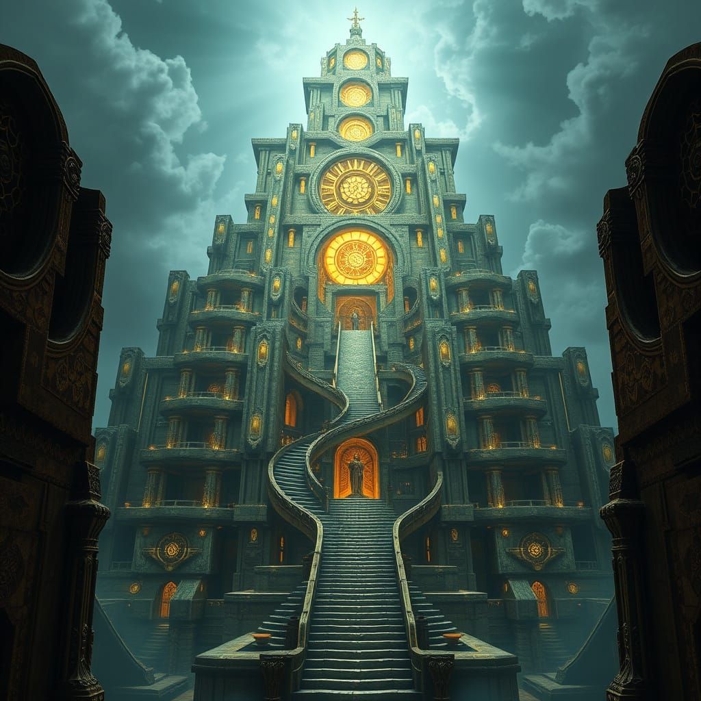 Surreal Steampunk Ziggurat with Ancient Architecture and Eld...