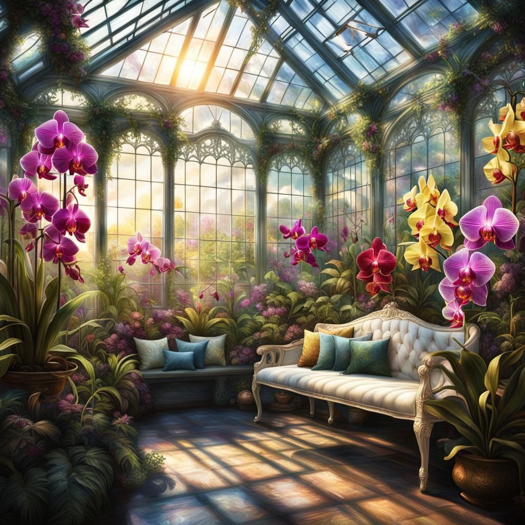 Orchid Greenhouse with Sunbeams: Digital Matte Painting