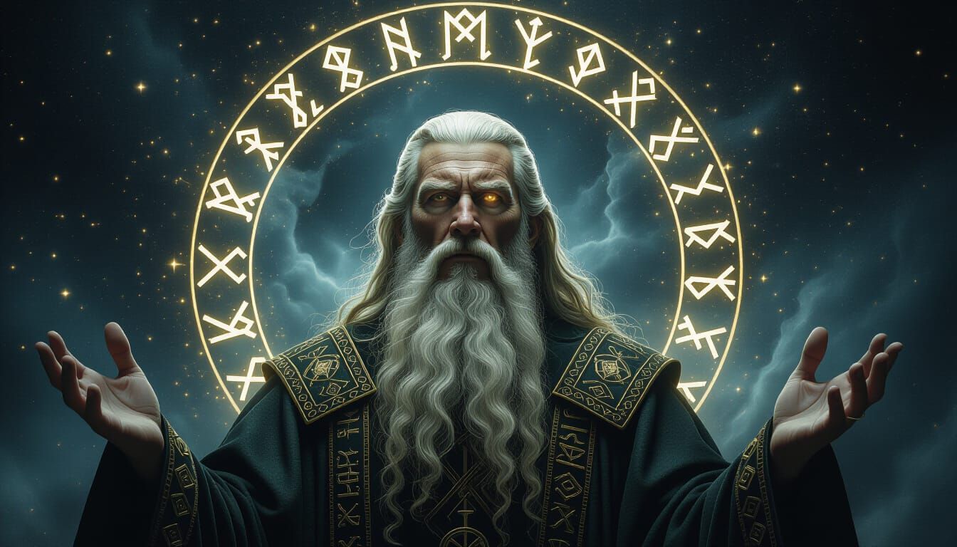 Odin's Cosmic Revelation Amidst Luminous Runes