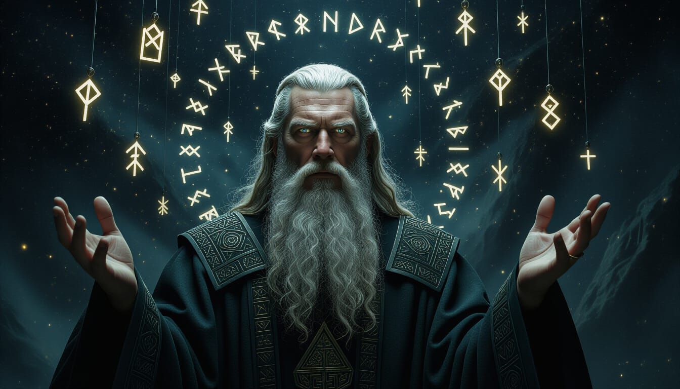 Odin's Cosmic Revelation with Luminous Runes