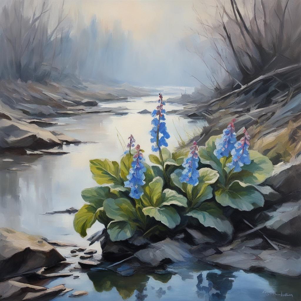 Lungwort Flowers in Early Spring: An Oil Painting