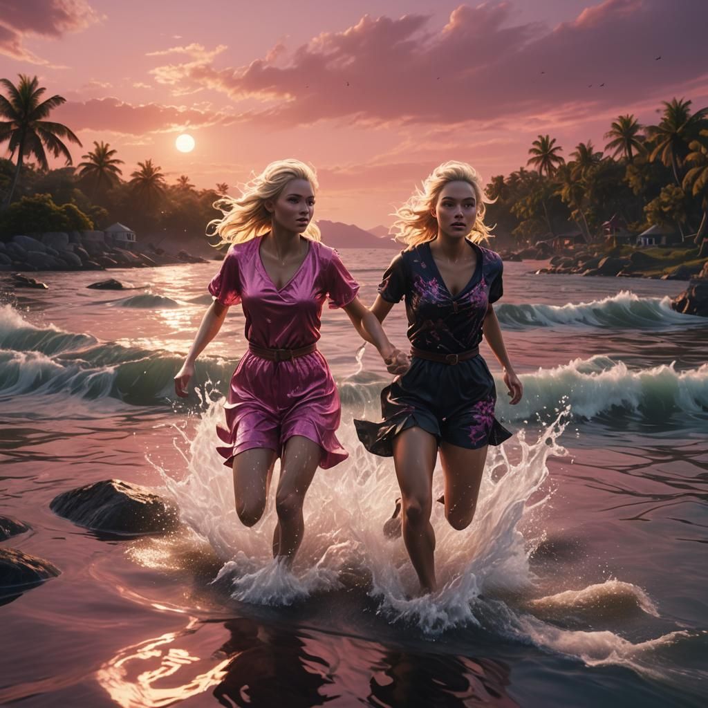 Blonde Girls Running into Water at Sunset