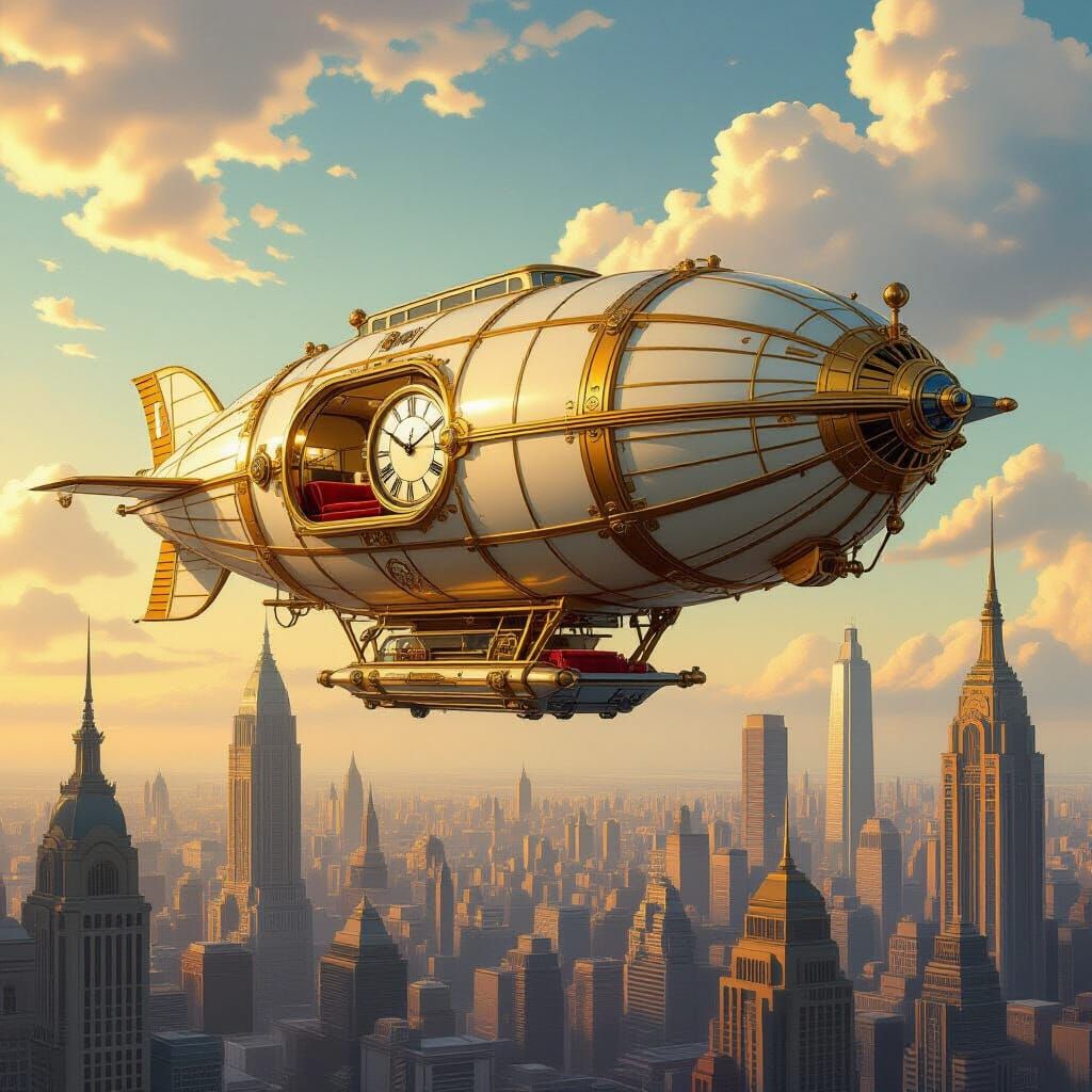 Clockwork Zeppelin Over Art Deco Metropolis