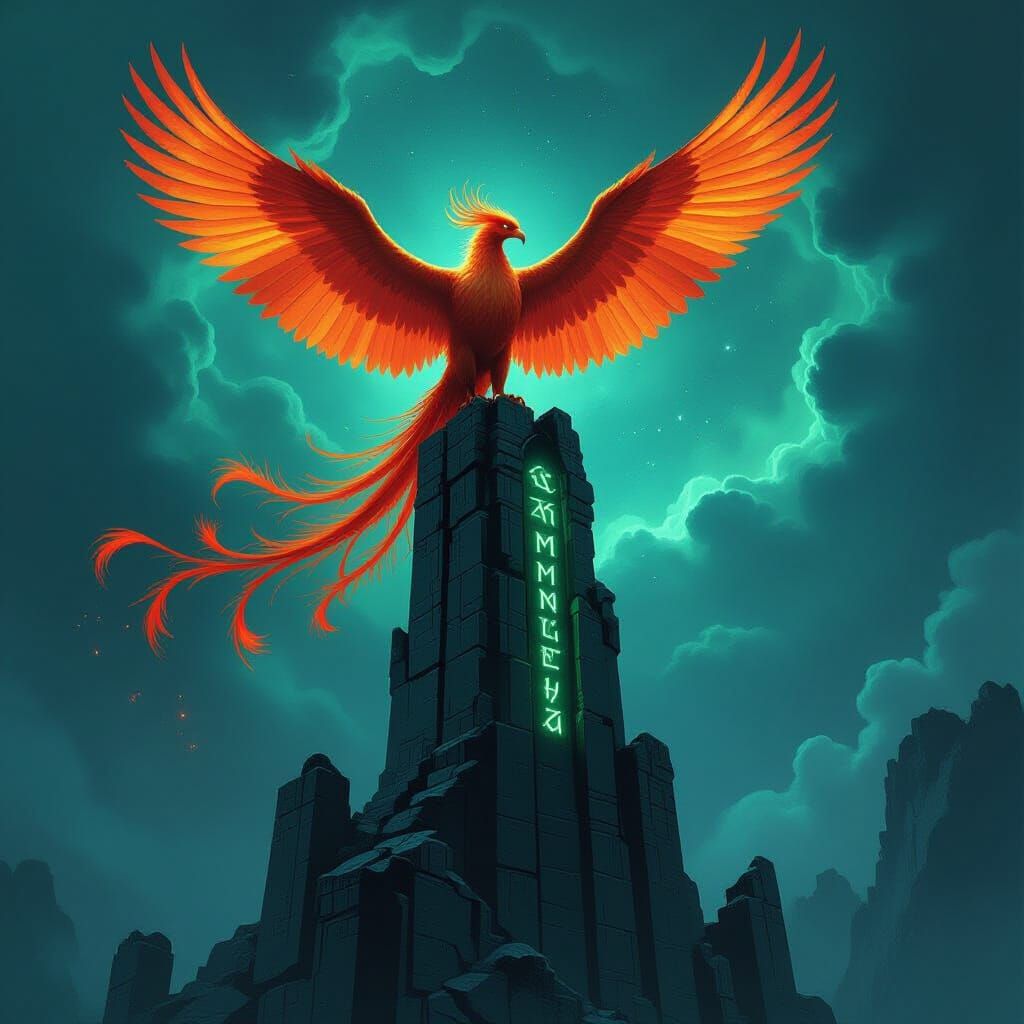Majestic Phoenix on Obsidian Tower in Cosmic Nebula