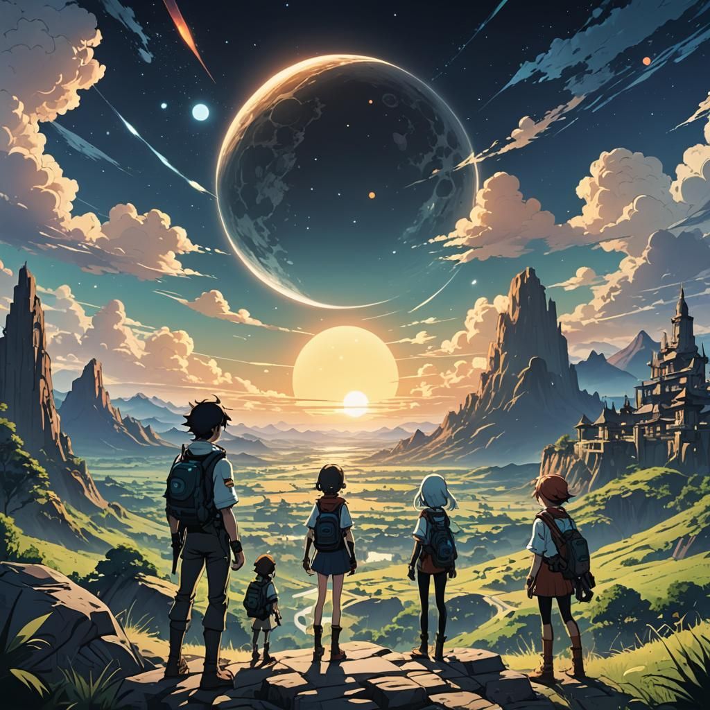 Anime Scene of an Alien World with Two Moons