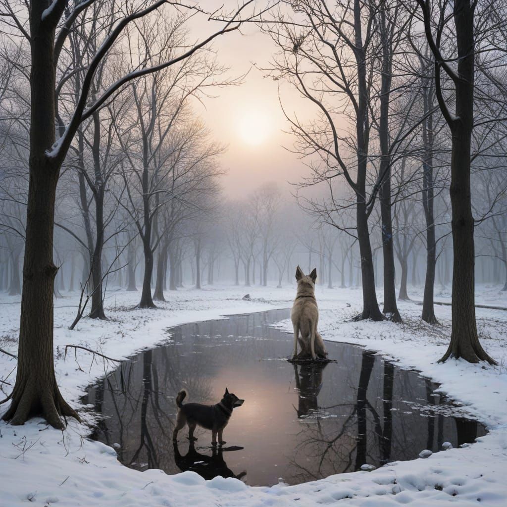 Winter Canine Ballet in a Frozen Swamp