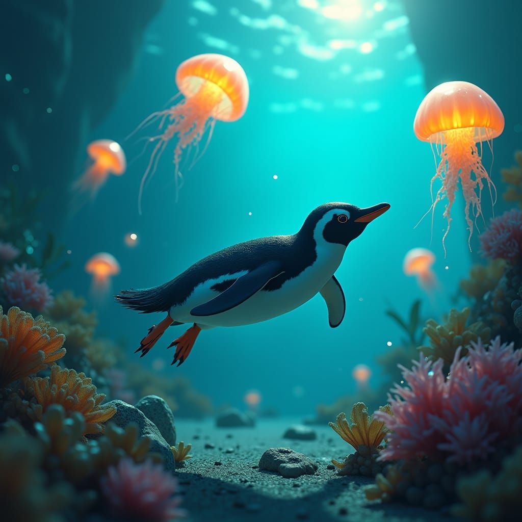 Baby Penguin Swimming in Turquoise Abyss