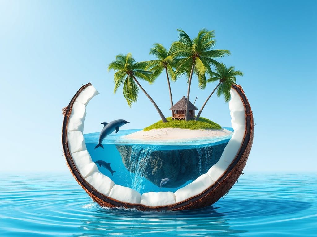 Surrealist Tropical Oasis Inside a Coconut Shell