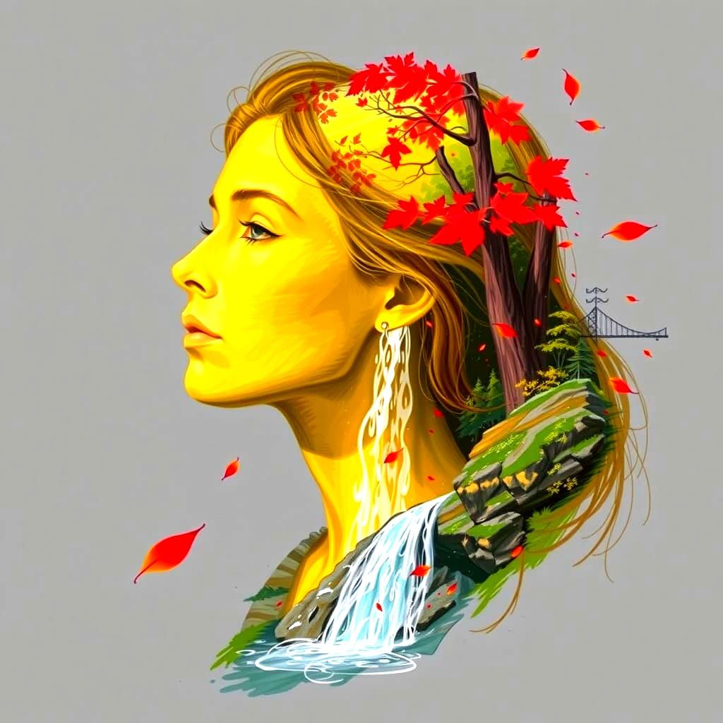Woman Merged With Nature in Yellow and Red Tones