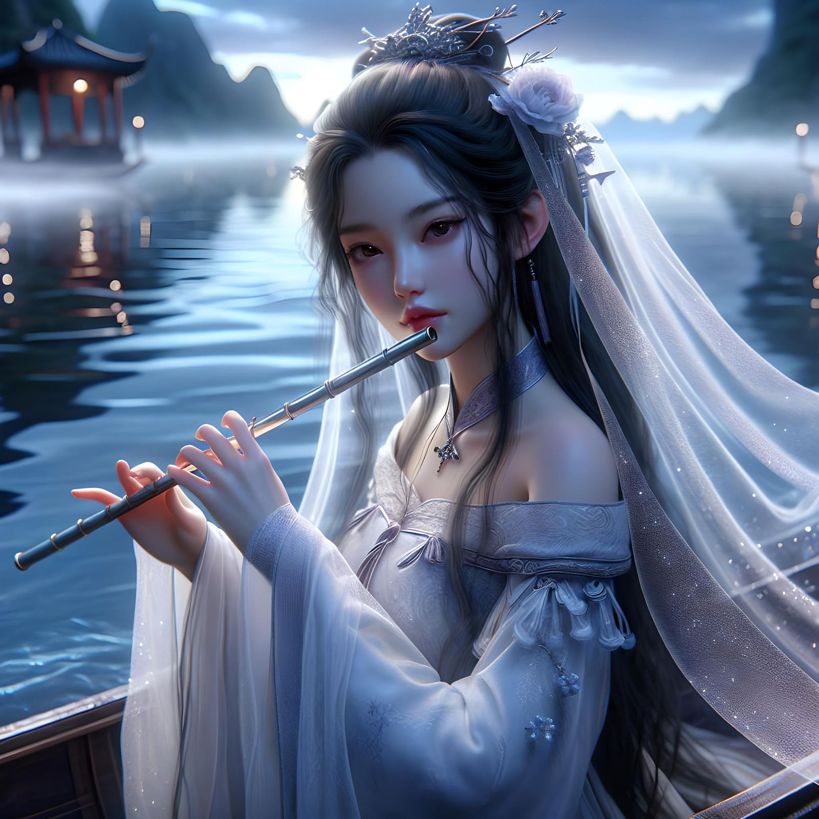 Asian Girl in Chinese Dress Playing Flute
