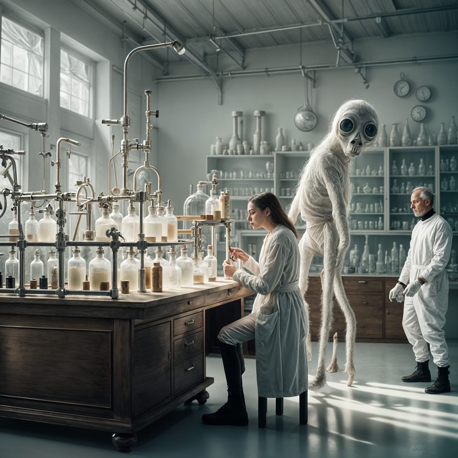 Surreal Laboratory Scene with Detailed Portraits