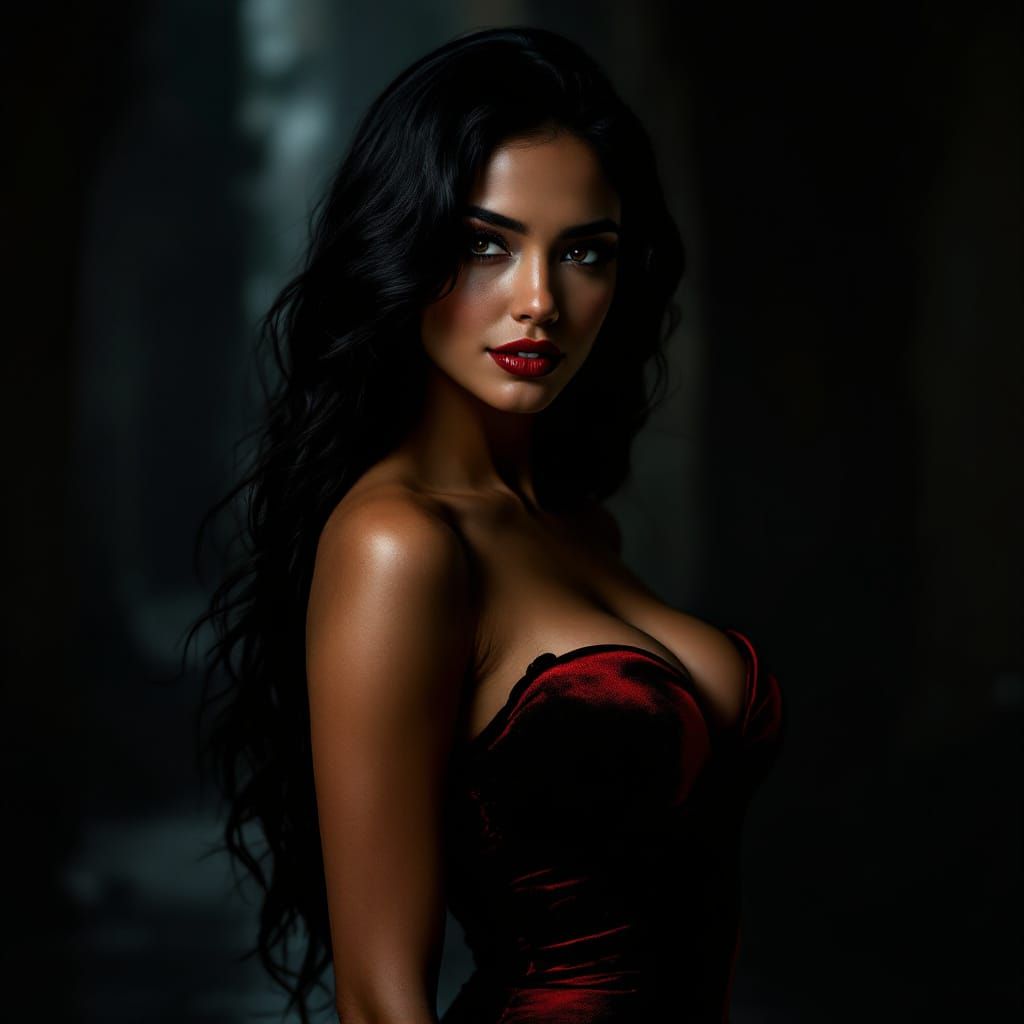 Photorealistic full body picture of a woman. Her flowing rav...