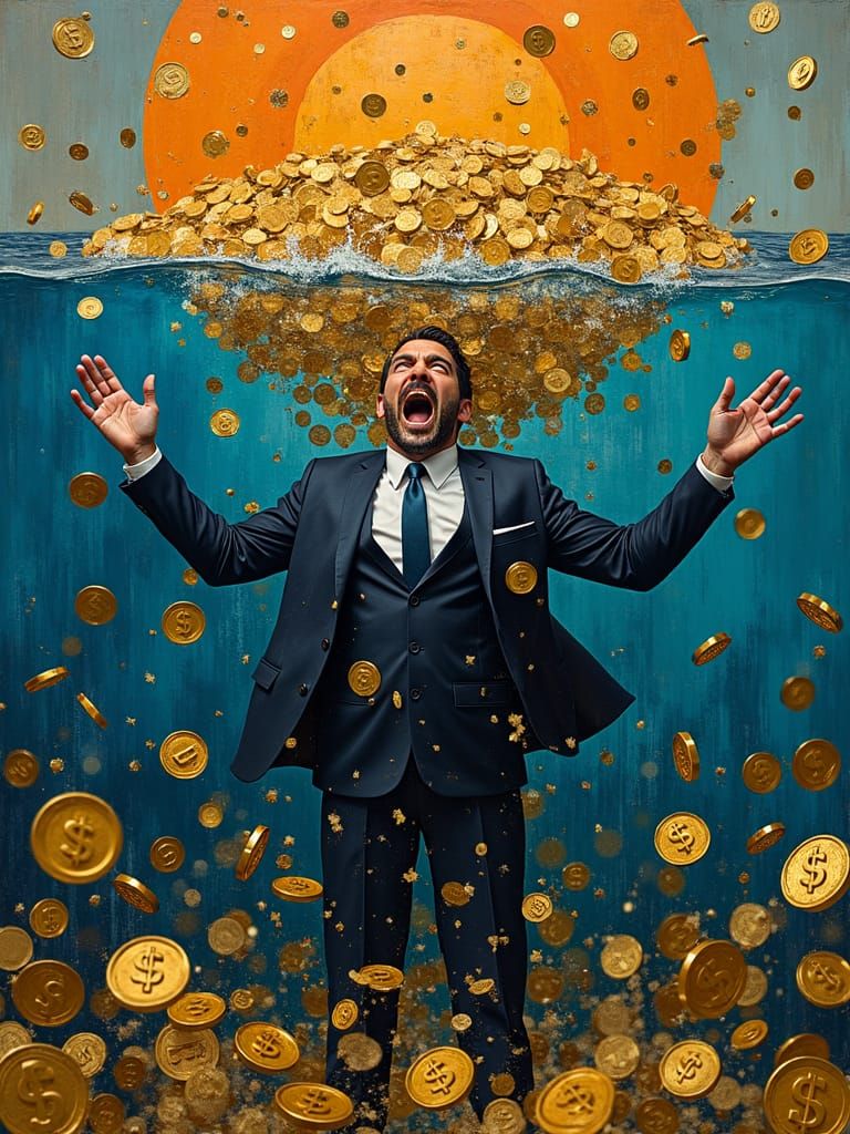 Man Submerged in Coins: Abstract Expressionist Bank Heist