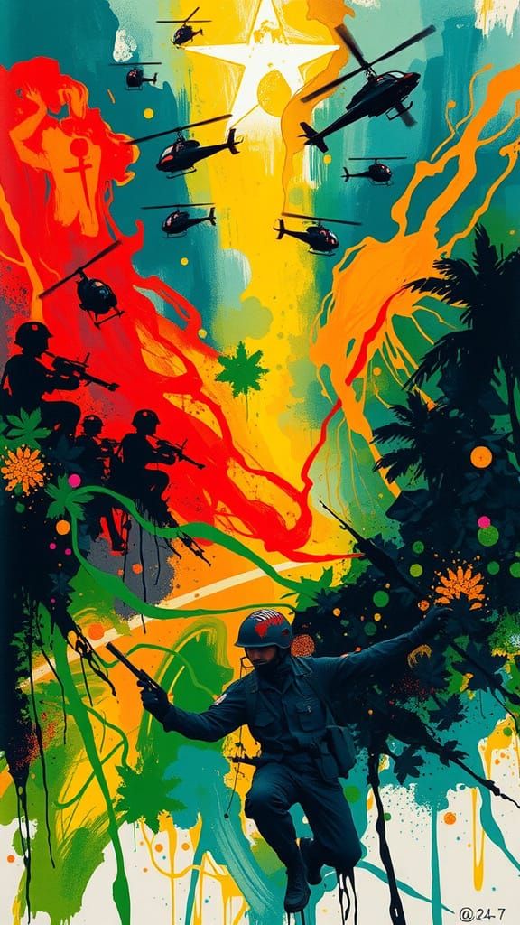 Alien Jungle Landscape with Huey Helicopters in Abstract Sty...