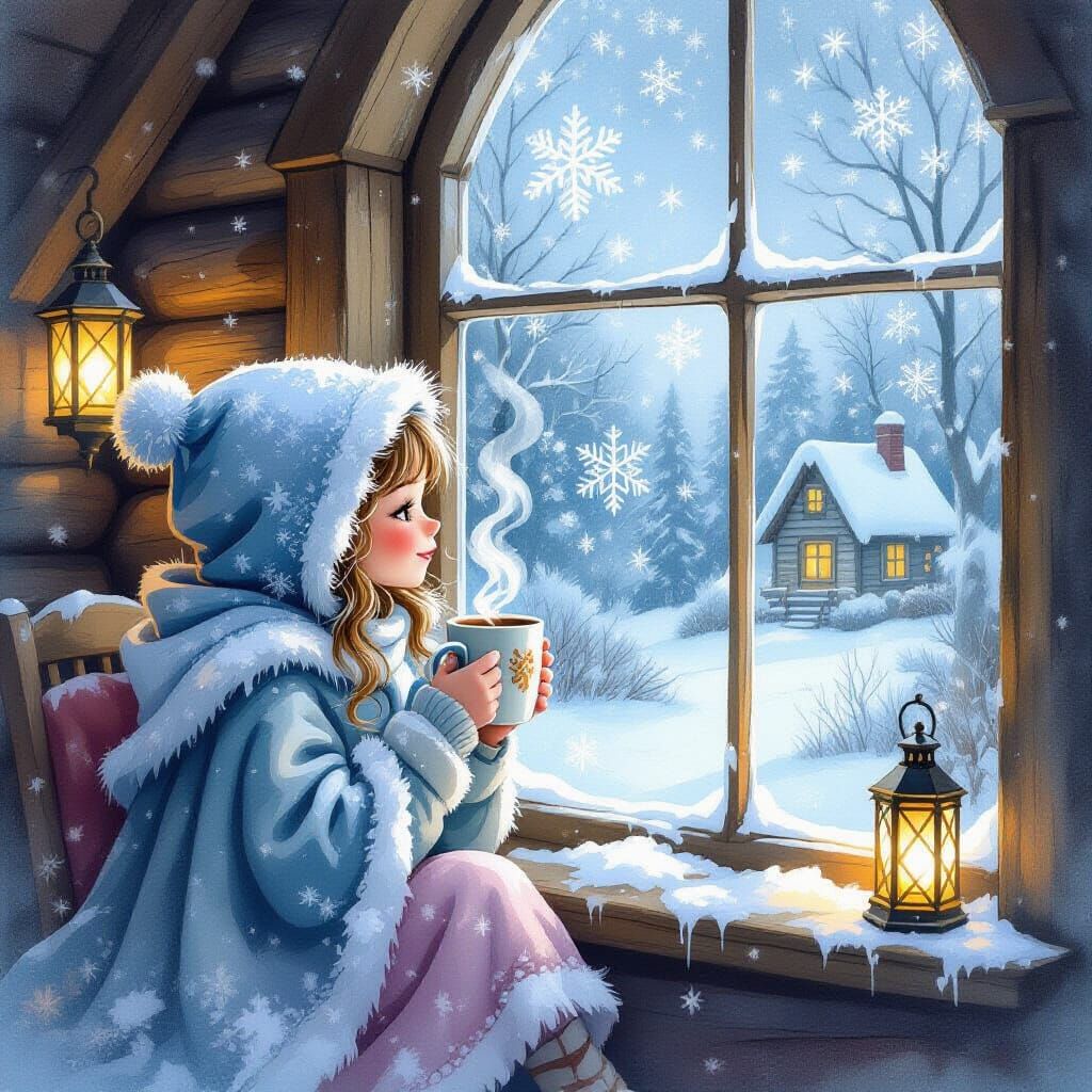 Magical Winter Cabin Scene with Girl and Snowfall