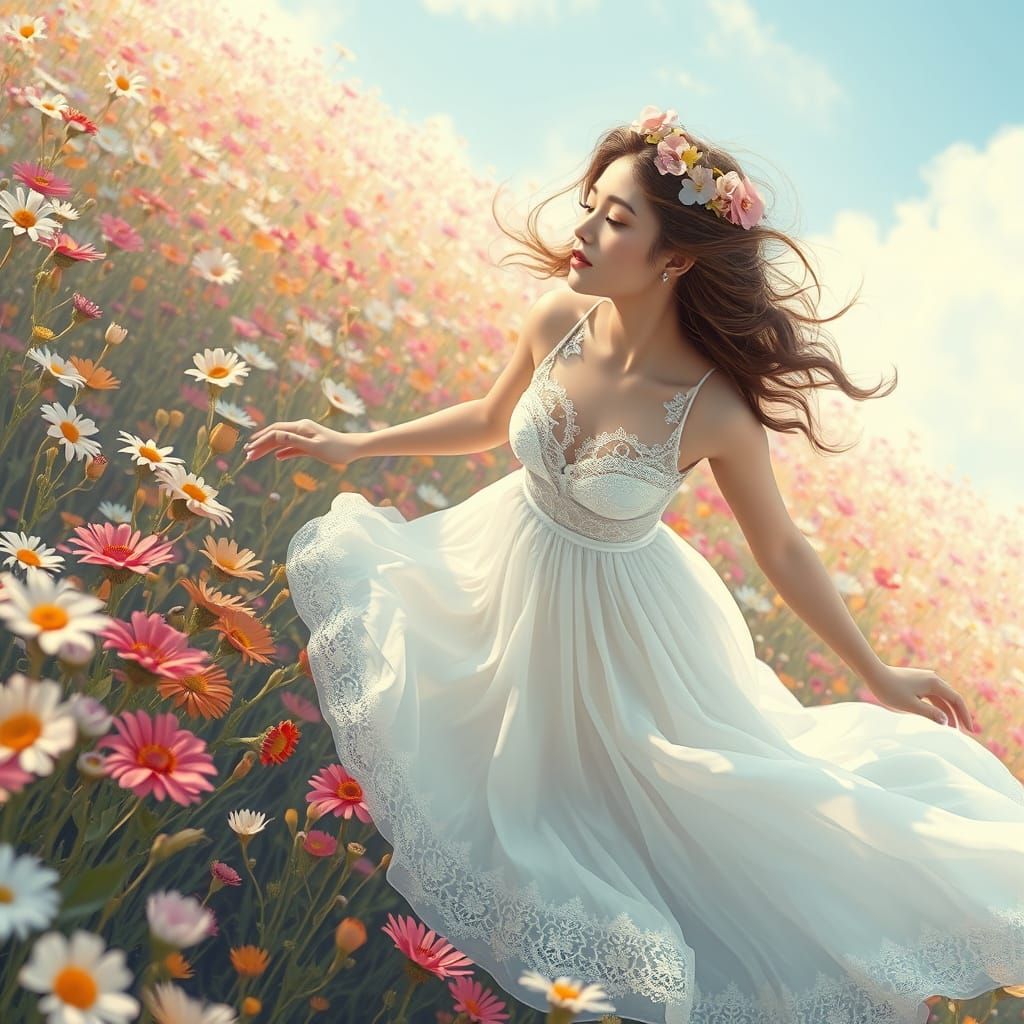 Woman in Pastel Flower Field: Dreamy Digital Art