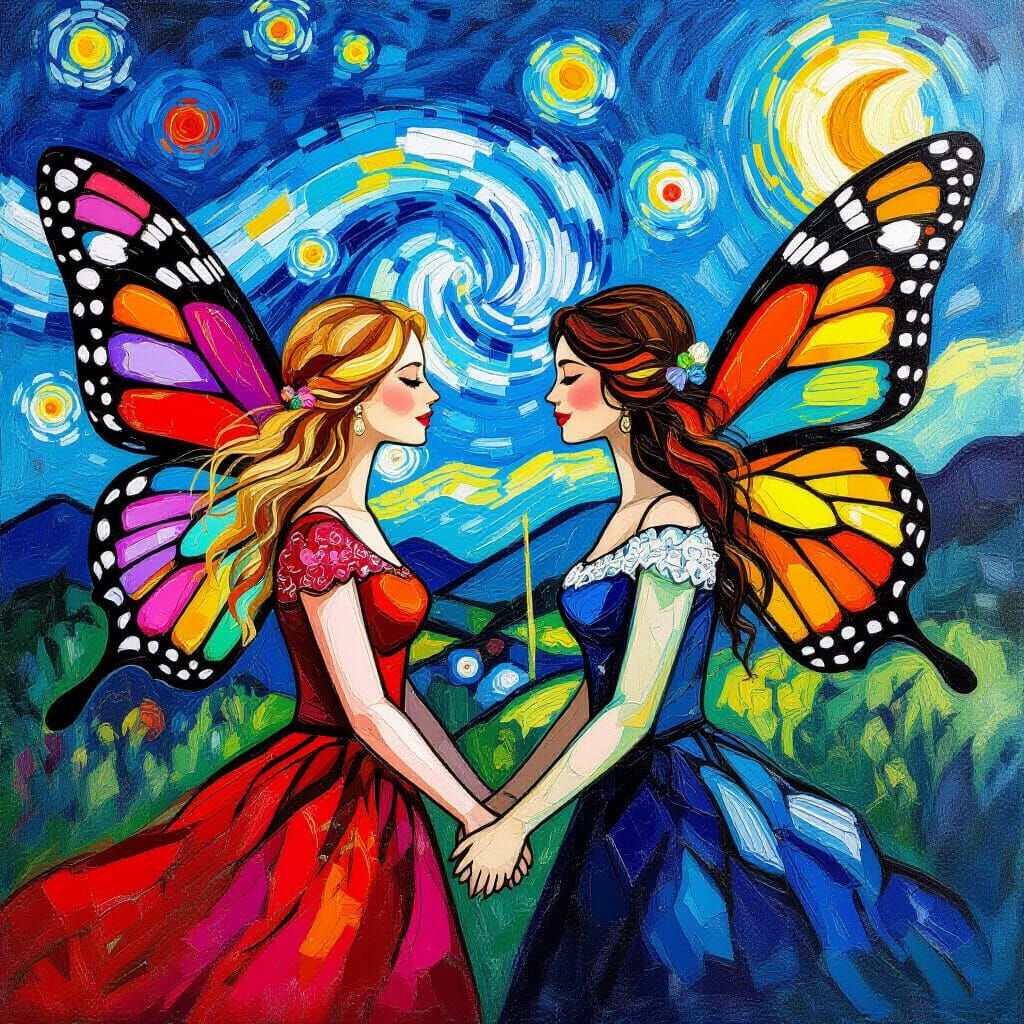 Women Fly With Butterfly Wings in Van Gogh Style