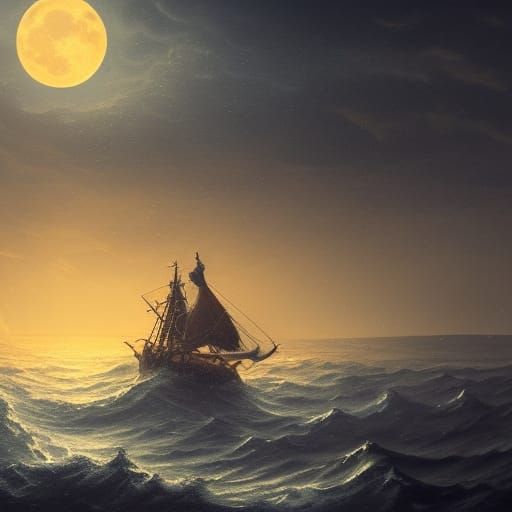 sea fishing at night from a boat, full moon, raining