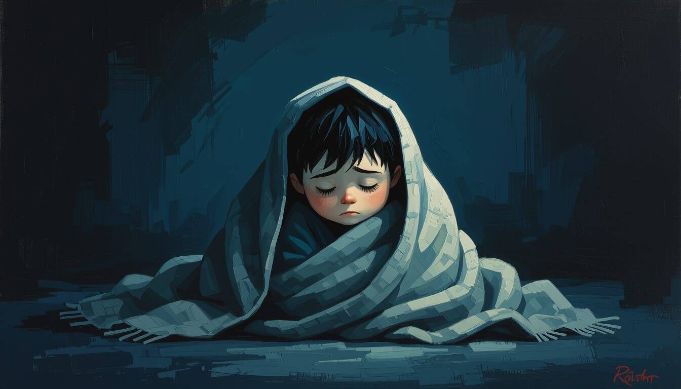 Sad Boy Wrapped in Blanket in Dark Cartoon Style Oil Paintin...