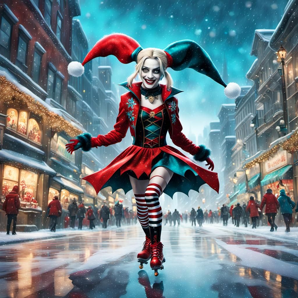 Harley Quinn Skates Through Snowy City: Fantasy Concept Art