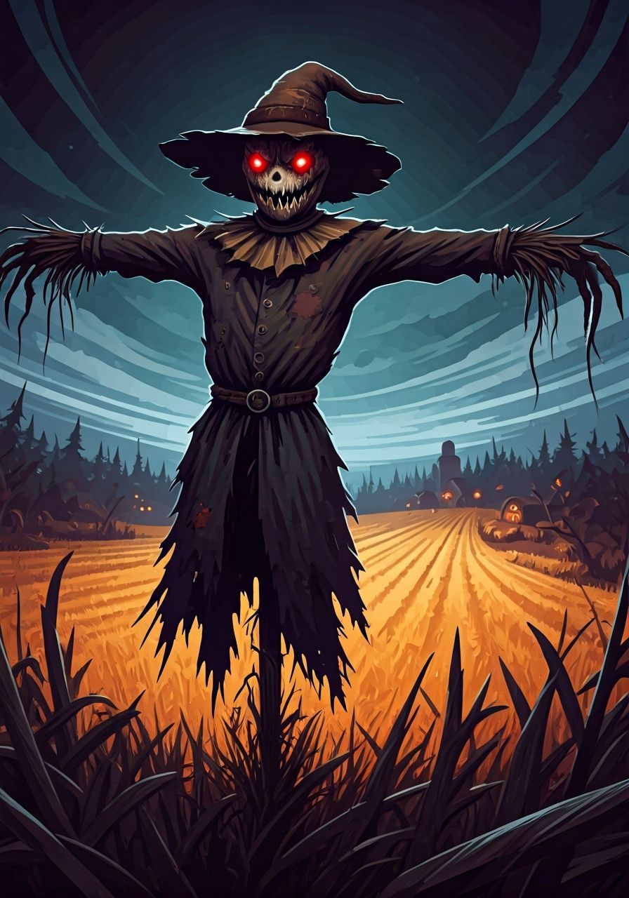 Eerie Scarecrow Over Haunted Harvest in Dynamic Abstract Sty...