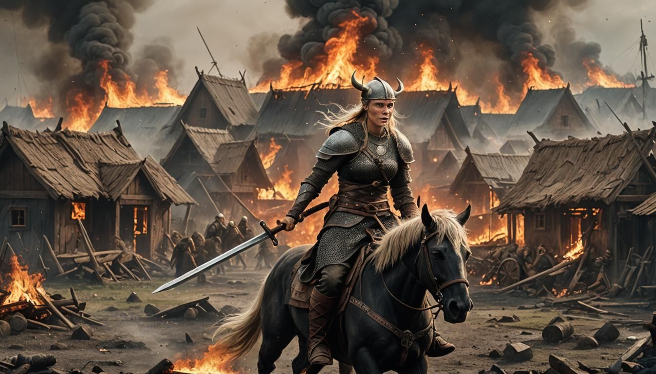 Female Viking Warrior Rides into Burning Battle
