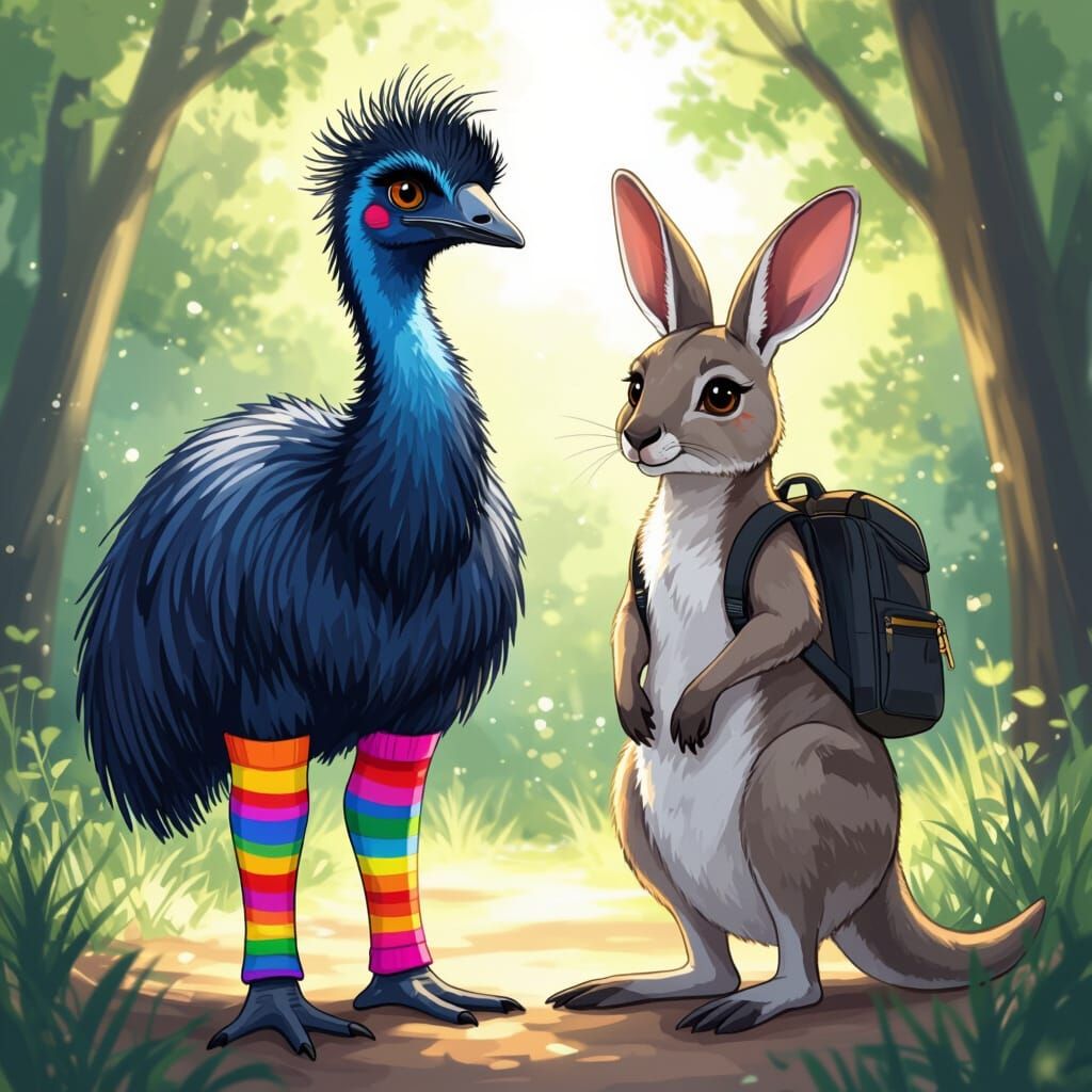 Emu in Leg Warmers and Kangaroo with Backpack, Anime Style