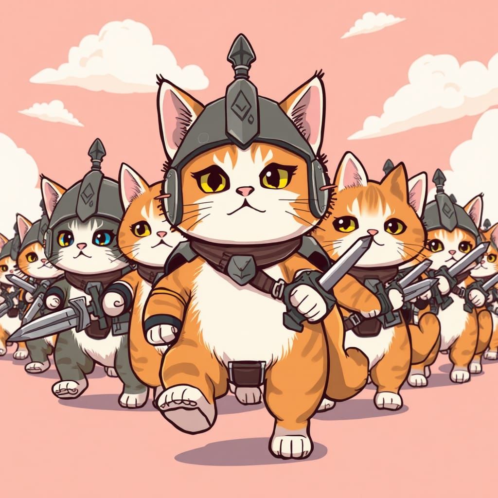 Anime-Style Kitten Army Led by Calico Commander