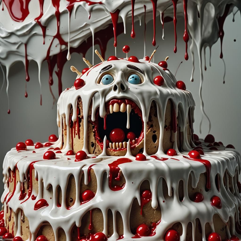 Surreal Creepy Cake with Trapped People, 3D Render