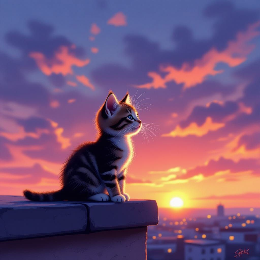 Kitten Silhouette at Sunset in Hyperrealistic Style