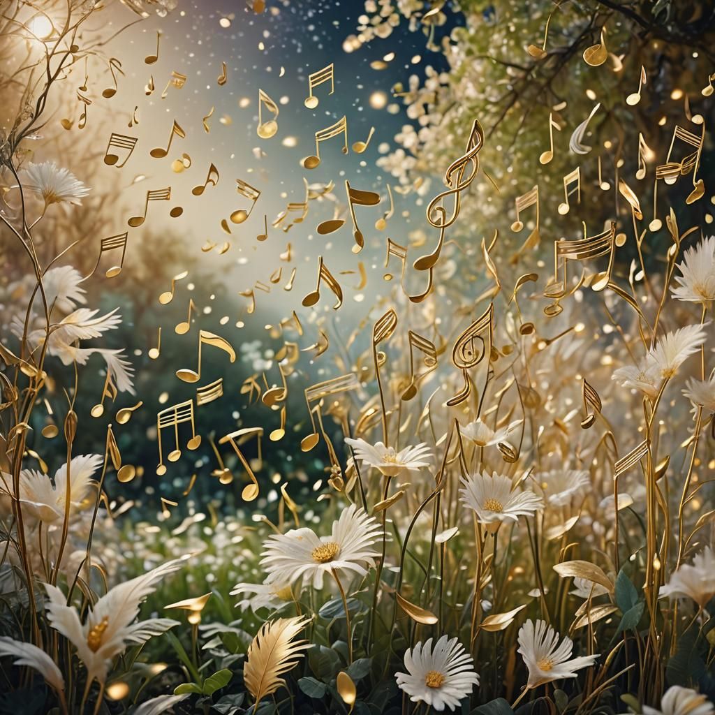 Golden Music Notes in Moonlit Garden, Surreal Watercolor