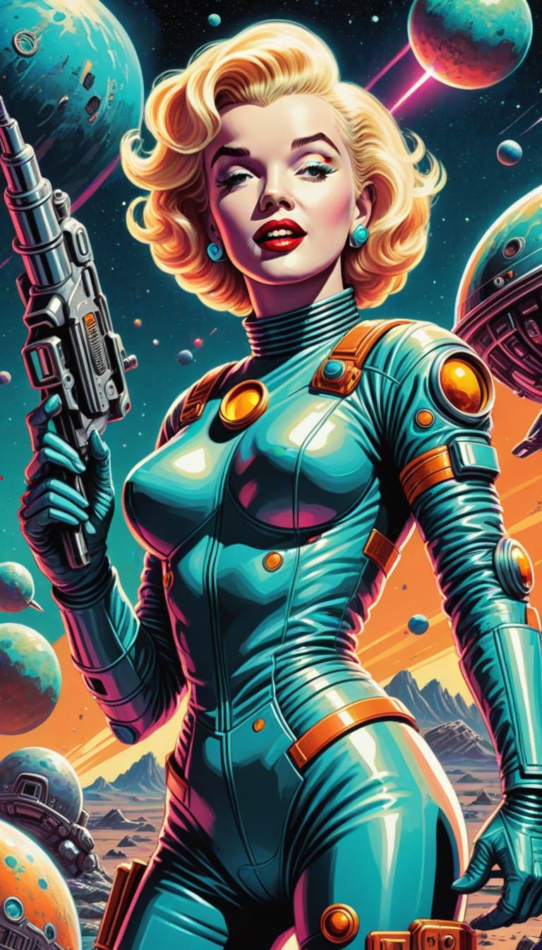 Marilyn Monroe in Retro Sci-Fi Space Suit, Holding Raygun on...