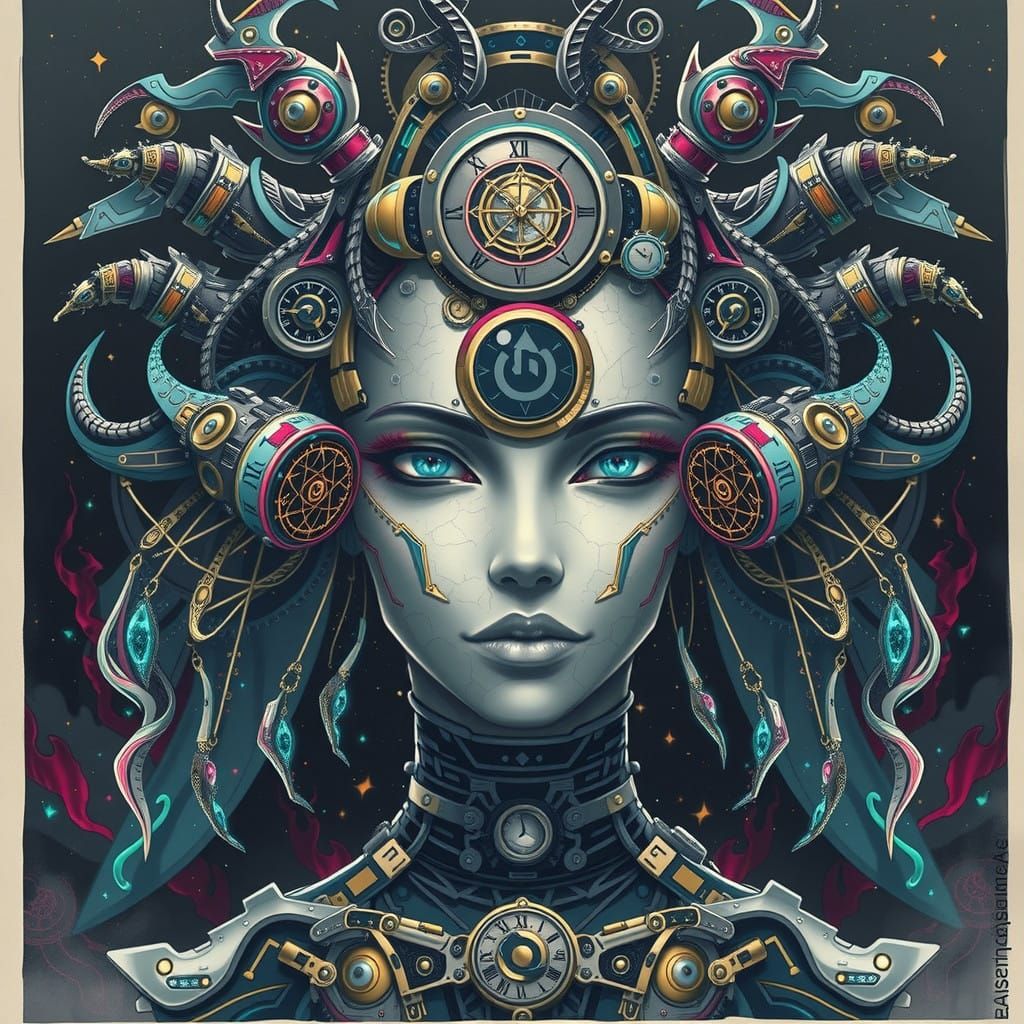 Dark Sorceress Gynoid in Clockwork Armor, Emerging from Myst...