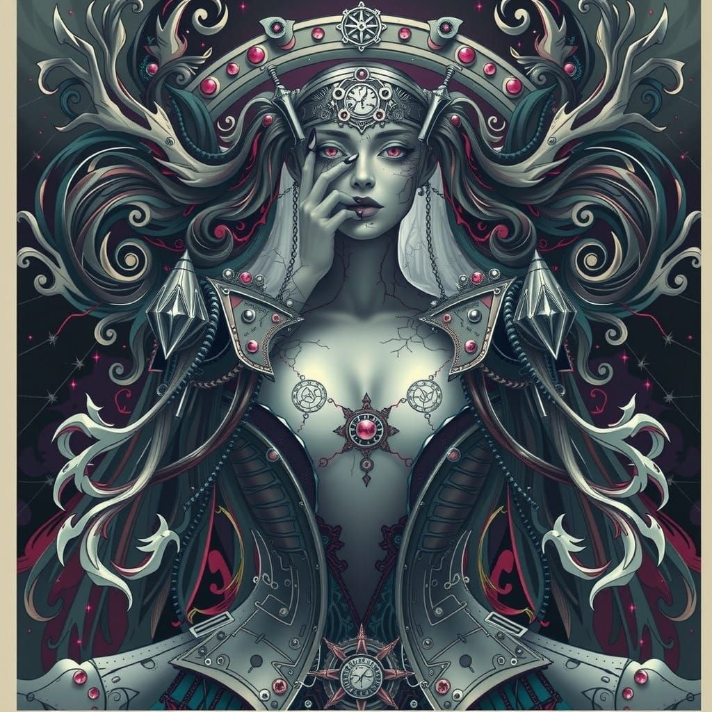 Cyberpunk Sorceress Emerges from Eerie Mist