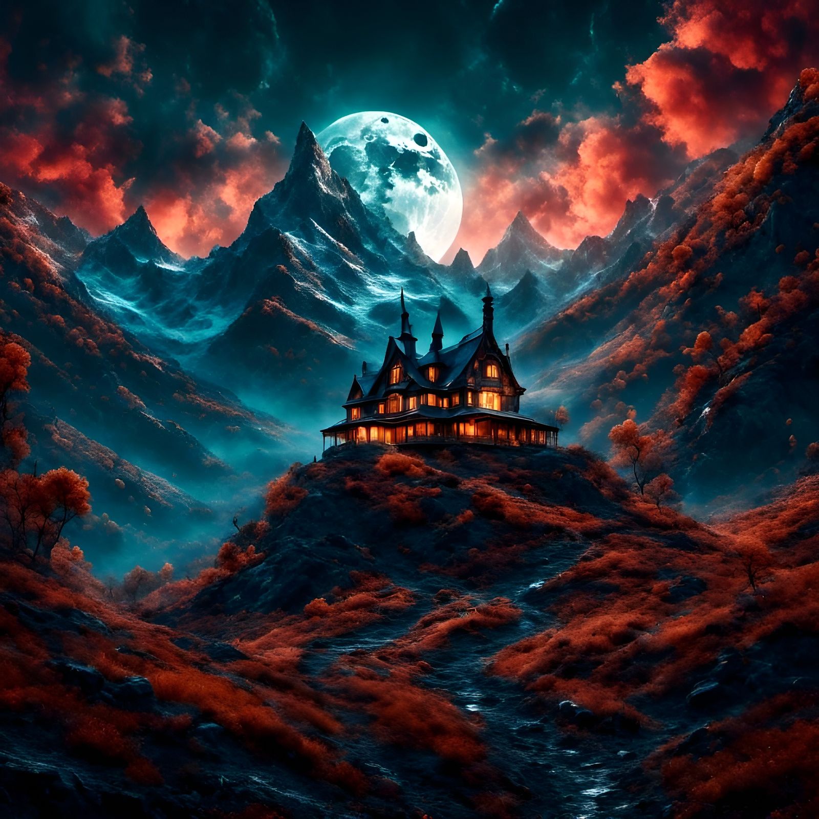 Magical House on Silhouetted Mountain at Night