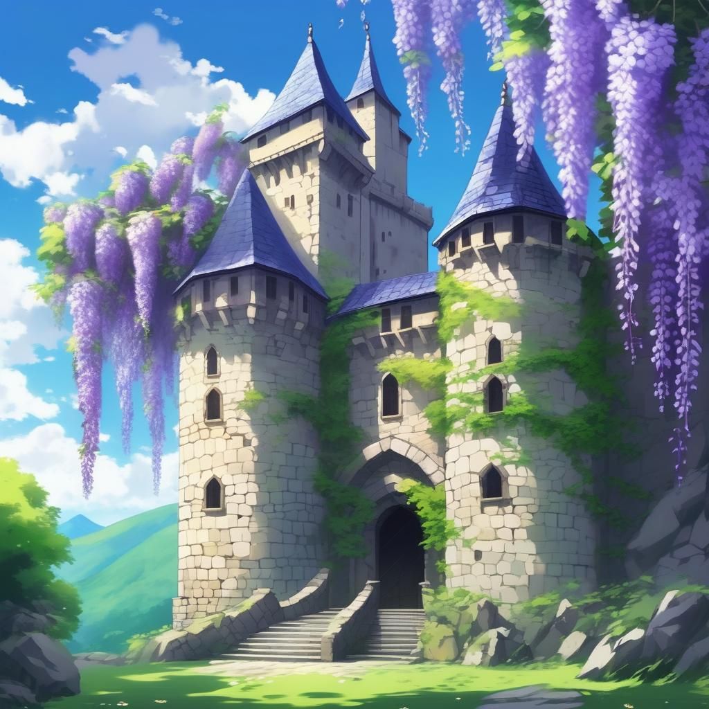 Anime Castle with Wisteria in Japanese Manga Style