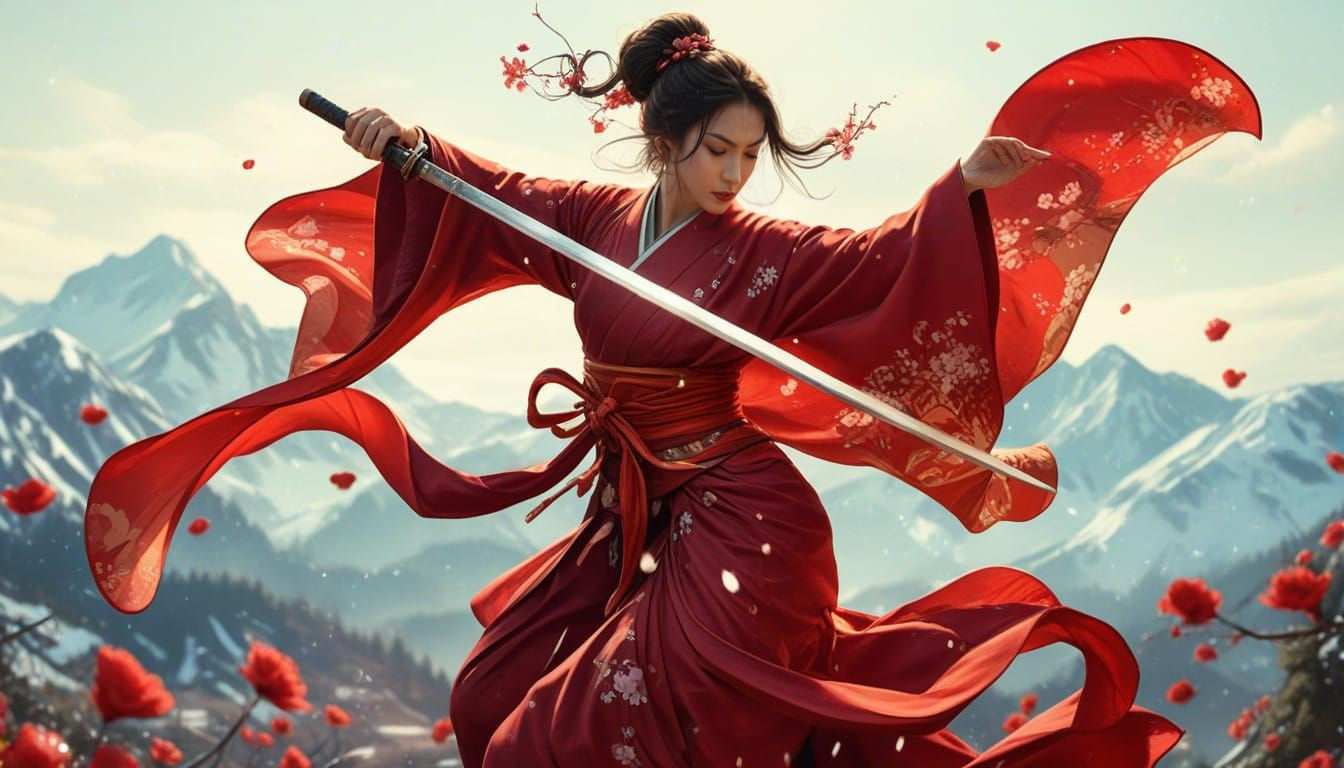 Elegant Samurai Maiden Engages in Aerial Combat