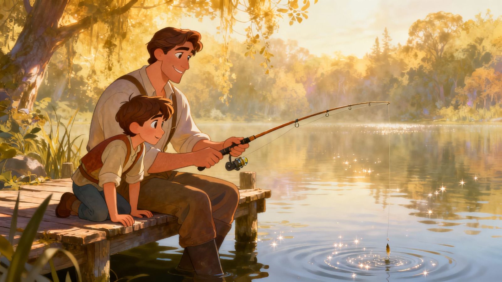Father and Son Fishing in Ethereal Morning Light