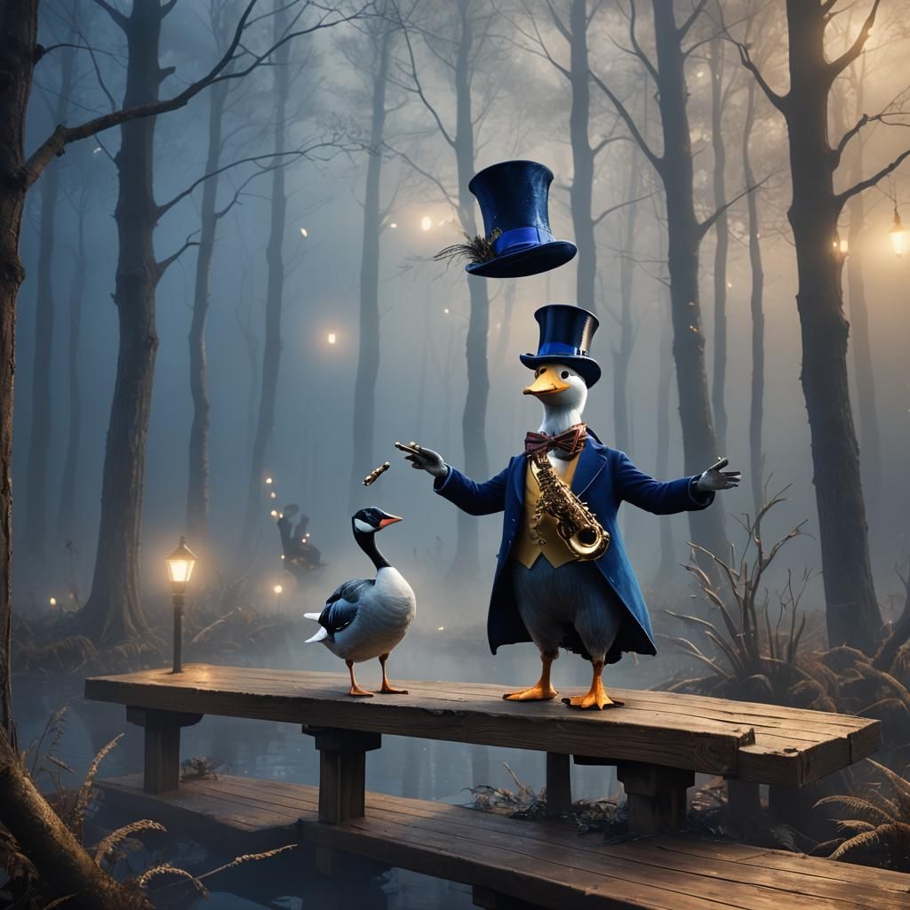 Goose Saxophonist in Mystical Forest, Digital Art