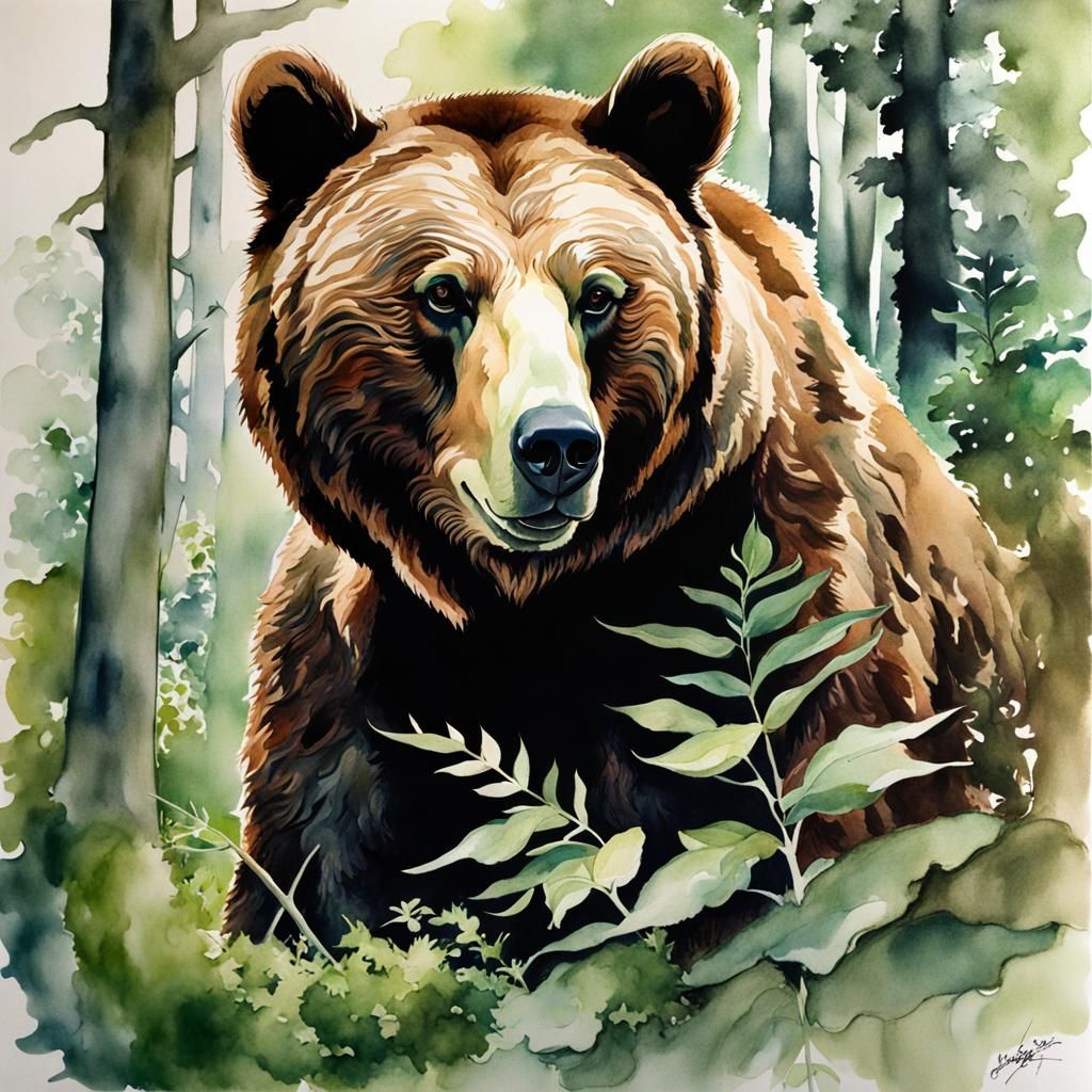 Brown Bear in Forest: Ink Wash Style