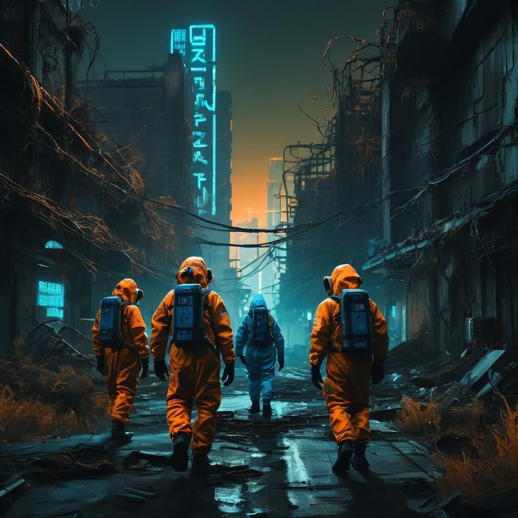 Cyberpunk Hazmat Team in Ruined Cityscape