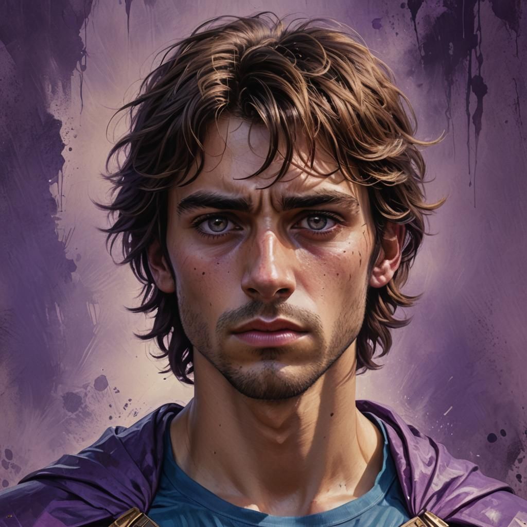 Hyperrealistic Portrait: Sorrowful Superhero with Violet Eye...