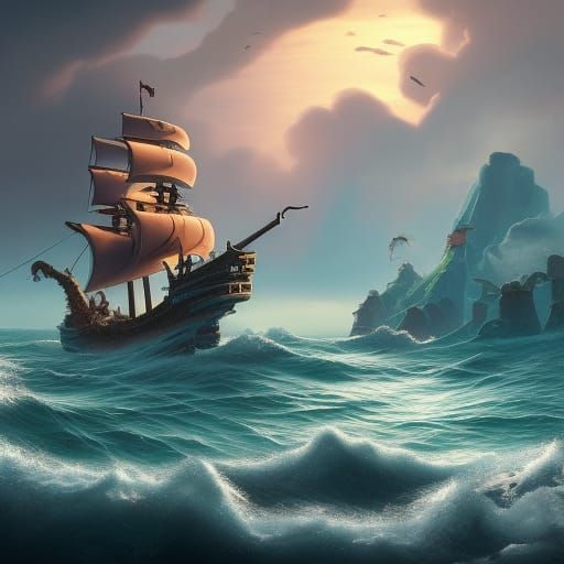 Mermaid and Pirate Ships on Stormy Sea