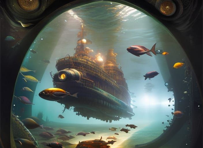 Steampunk Submarine and Sea Life in Neon Colors