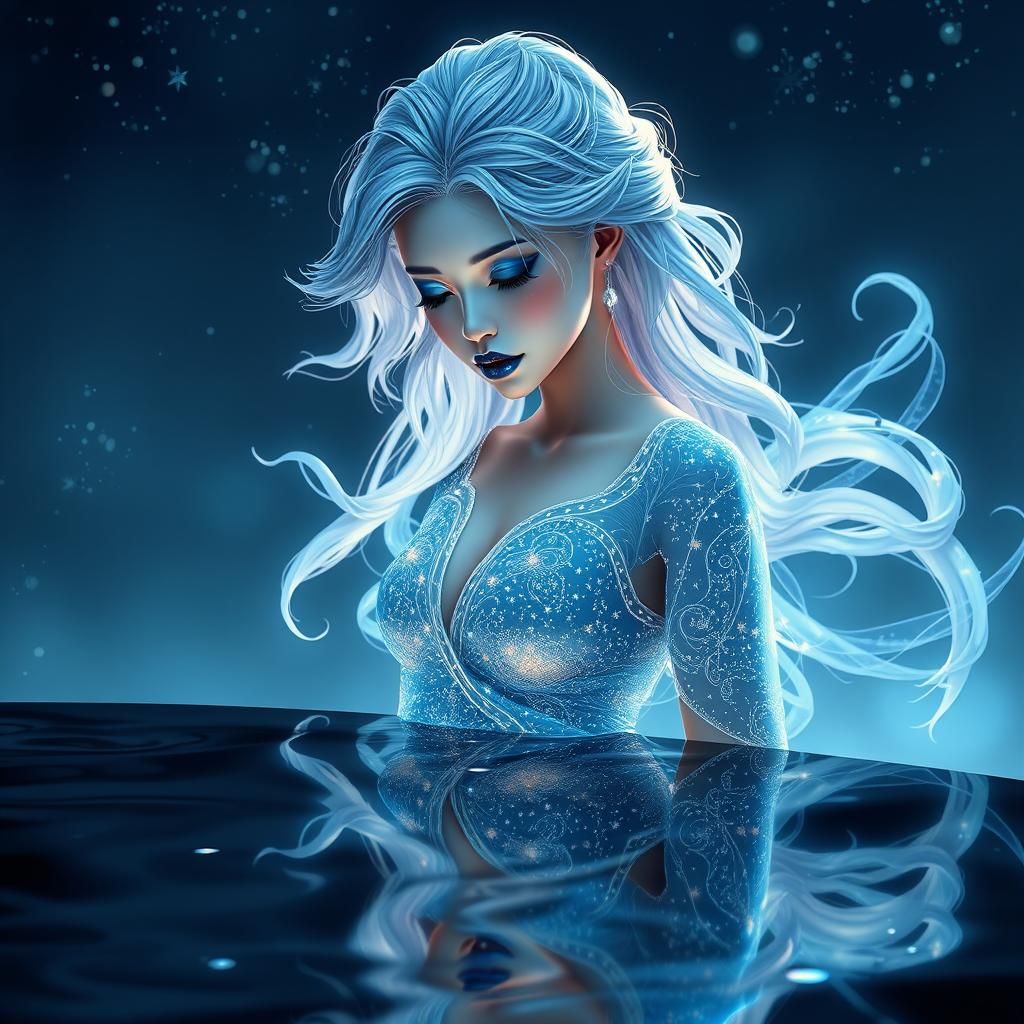 Mystical Woman Gazing at Shimmering Reflection