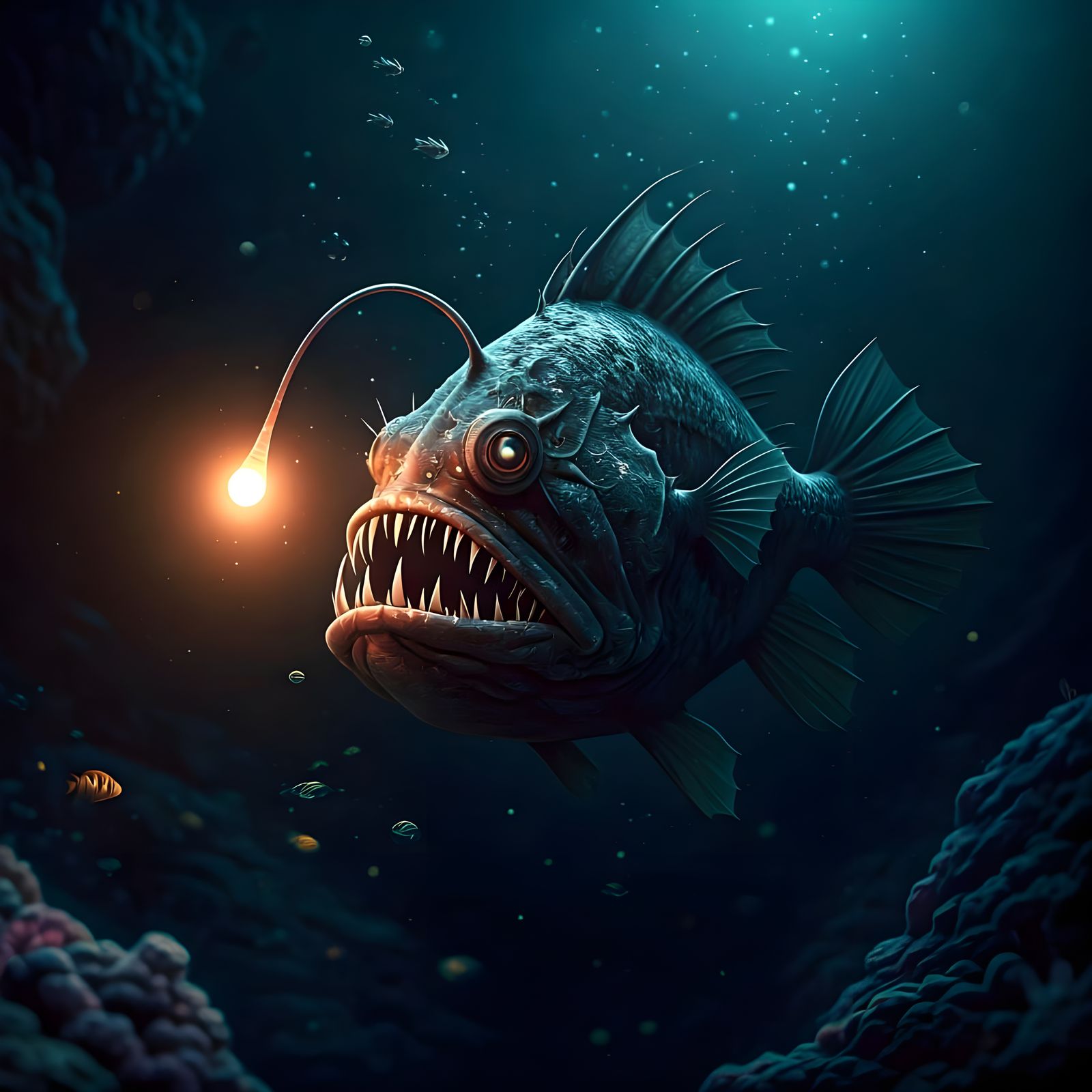 Bioluminescent Anglerfish Drifting in the Deep Ocean