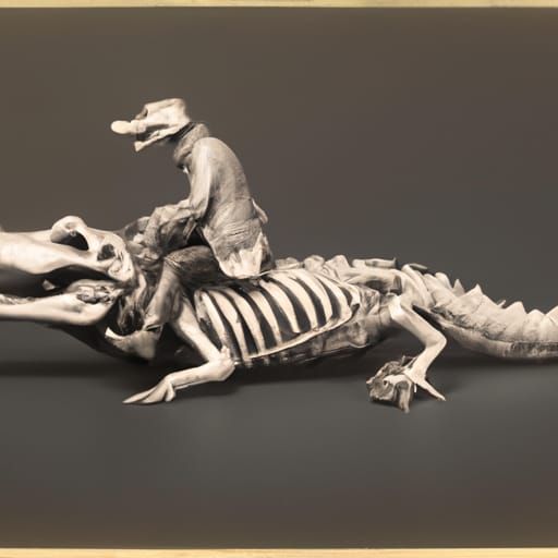 Victorian Skeleton Riding Alligator: Tin Type Photo