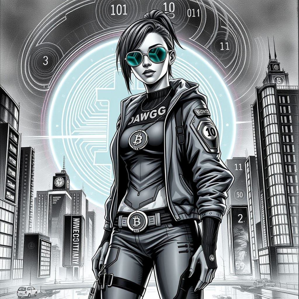 Confident Futuristic Woman in Cryptocurrency-Inspired Citysc...