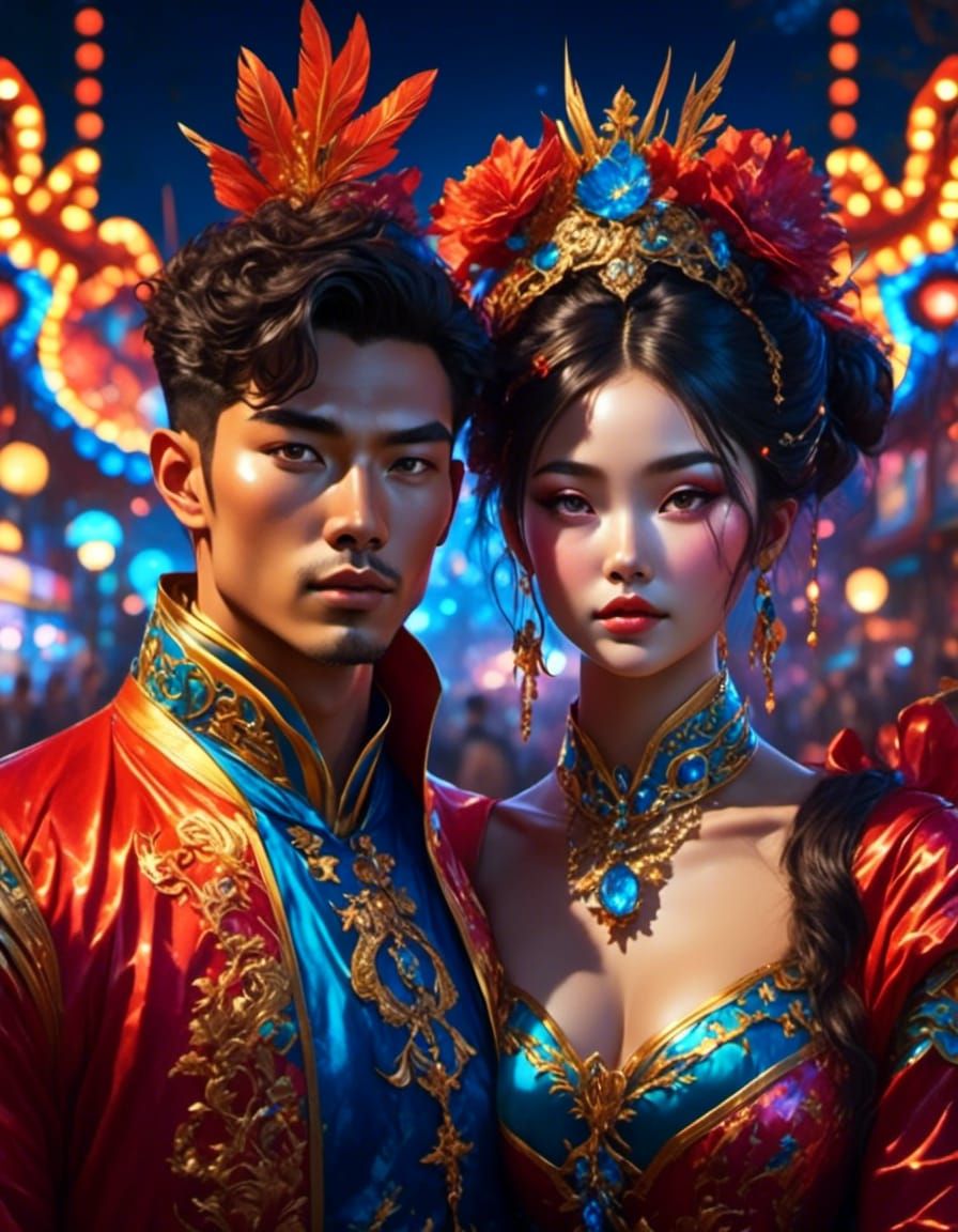 Chinese Couple at Carnival Night in Anime Realism